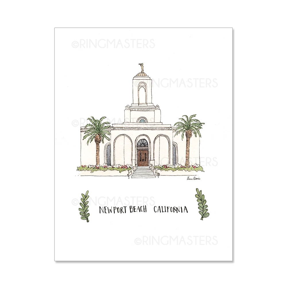 RM -  5 x 7 Print - Newport Beach California Illustration by: Laura Davies  5 x 7” <BR/>カリフォルニア州ニューポートビーチ神殿（ラウラ・デービス画）　プリントカード 5 x 7”